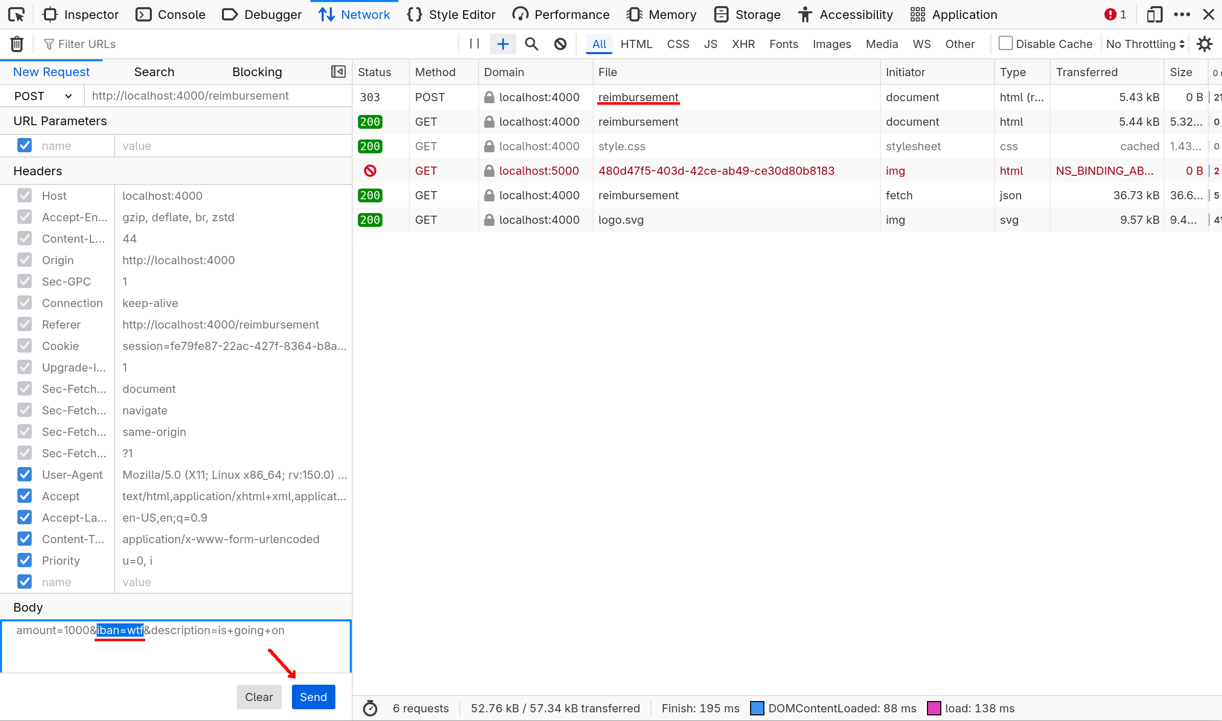 The “Edit and Resend” tab from Firefox with an invalid IBAN.