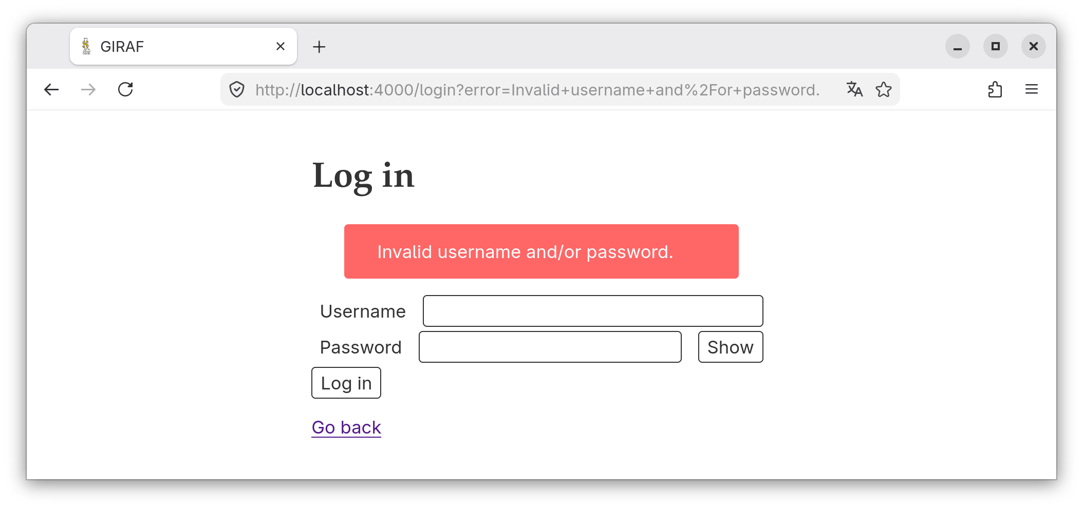 An error banner is displayed top of the login form.