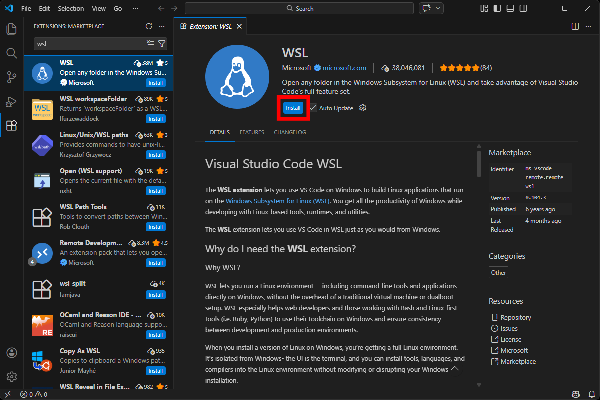 Page of the WSL extension in Visual Studio Code.