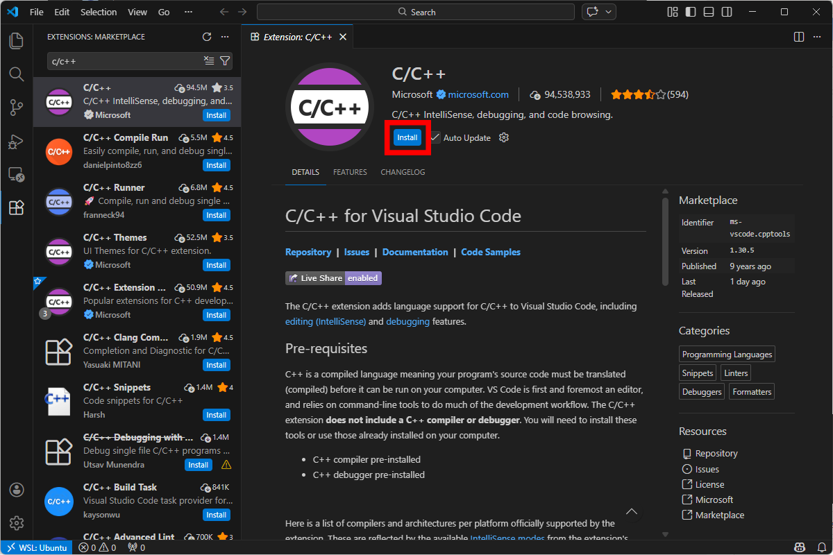 Page of the C/C++ extension in Visual Studio Code.