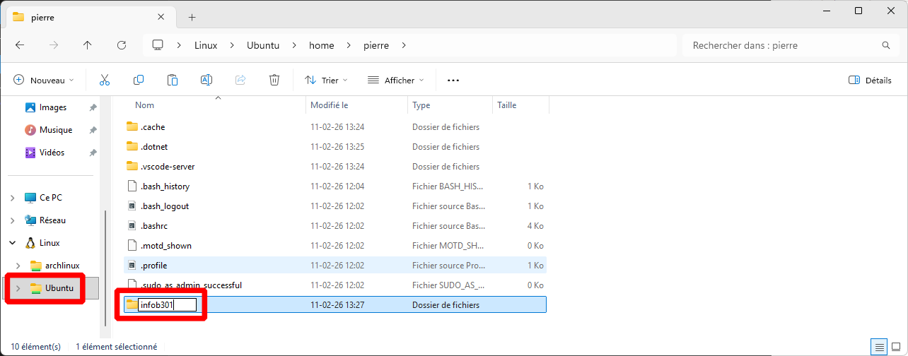 Widows file explorer, in the Ubuntu drive.