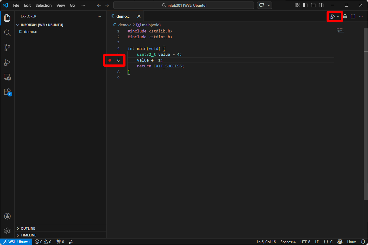 C code with a breakpoint.